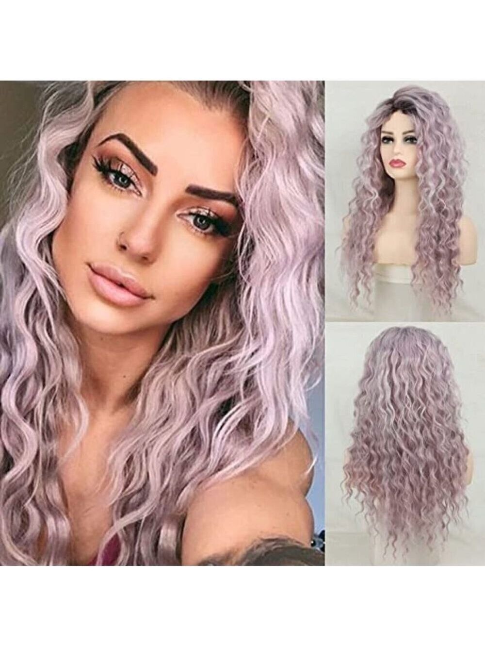 𝅺🆕 Stunning Long Curly Wavy Ombre PURPLE Hair Replacement Wig Lace SEXY NWT 👀😘
